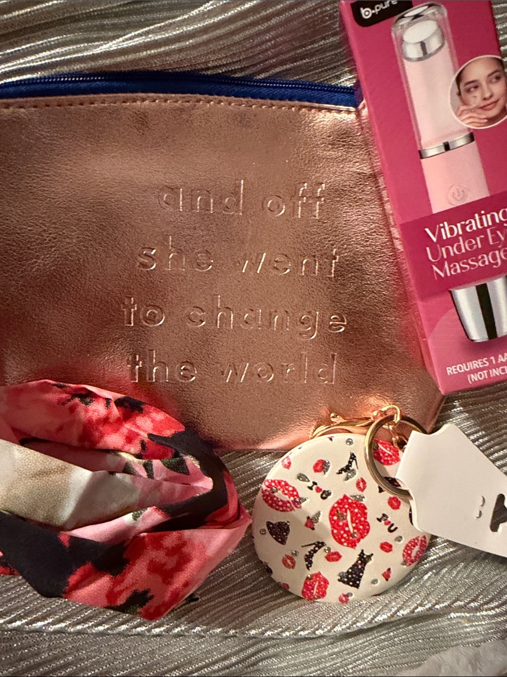 Rose Gold Metallic Cosmetic Pouch with Pink Accents filled